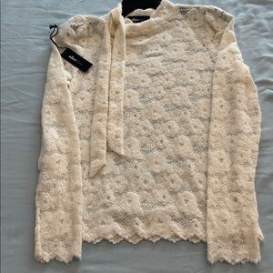 Alice Blue Ivory Lace Tie-Neck Long Sleeve Blouse